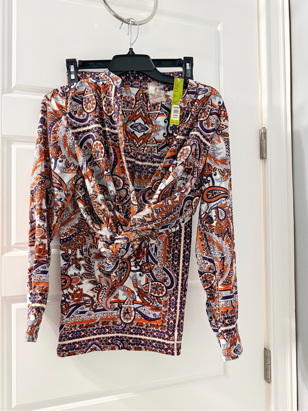 Gianni Bini Orange & Purple Paisley Wrap-Front Long Sleeve Top